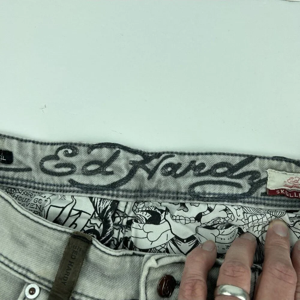 ED HARDY SKULLER Gray Wash Denim Straight Super Slim Jeans 34 Zip Fly
